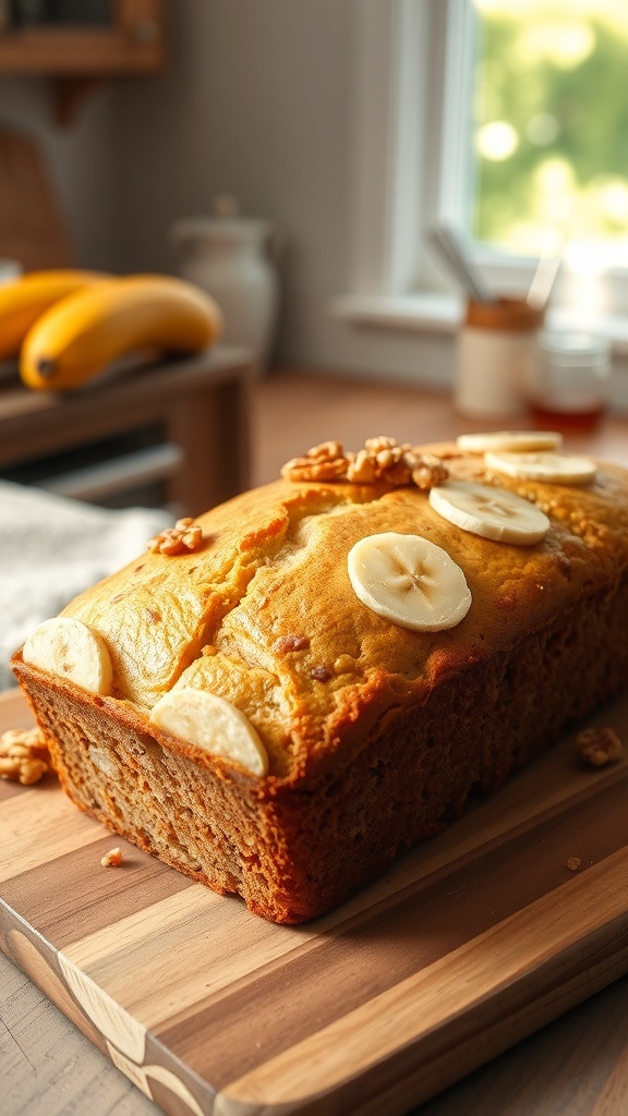 Eggless Banana Bread Recipe A golden-brown loaf of eggless banana bread with banana slices and walnuts on a wooden board.